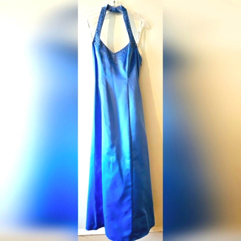 Blue Halter Prom Gown, Lace-up Back, White Underskirt, Size 9/10 by Morgan&Co